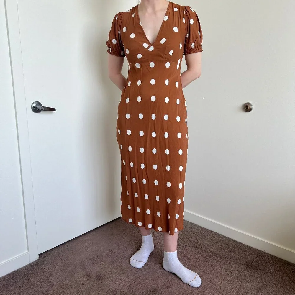 a new day | Dresses | A New Day Brown With White Polka Dot Midi Dress Size  S | Poshmark